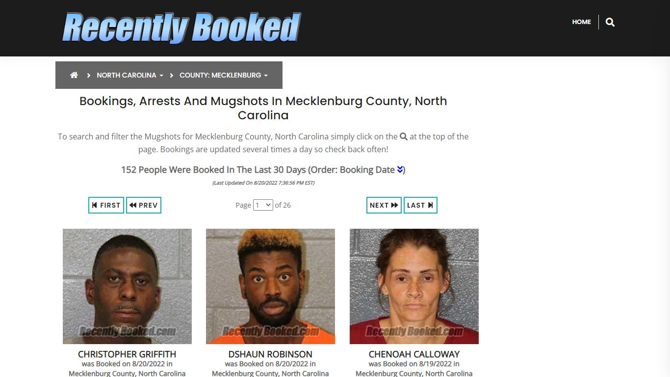 Bookings, Arrests and Mugshots in Mecklenburg County, North Carolina